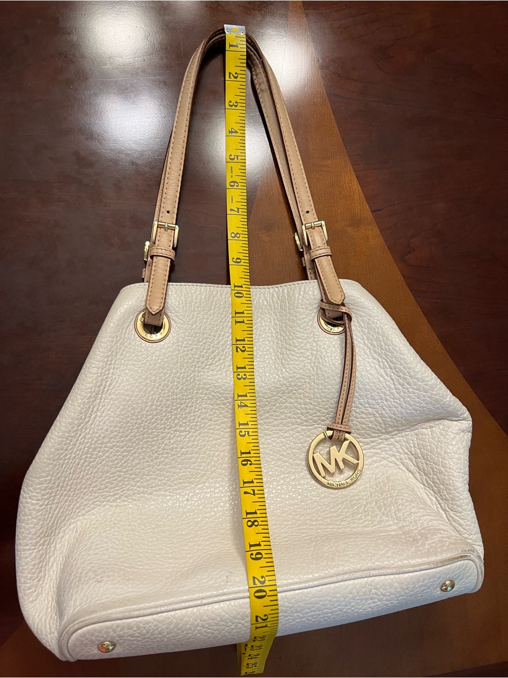 Michael Kors Cream Leather Shoulder Tote with Tan Straps and Gold Hardware
